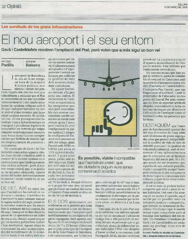 Art&iacute;culo de opini&oacute;n de los alcaldes de Gav&agrave; (Joaquim Balsera) y de Castelldefels (Antoni Padilla) publicado en EL PERI&Oacute;DICO (10 de marzo de 2008)